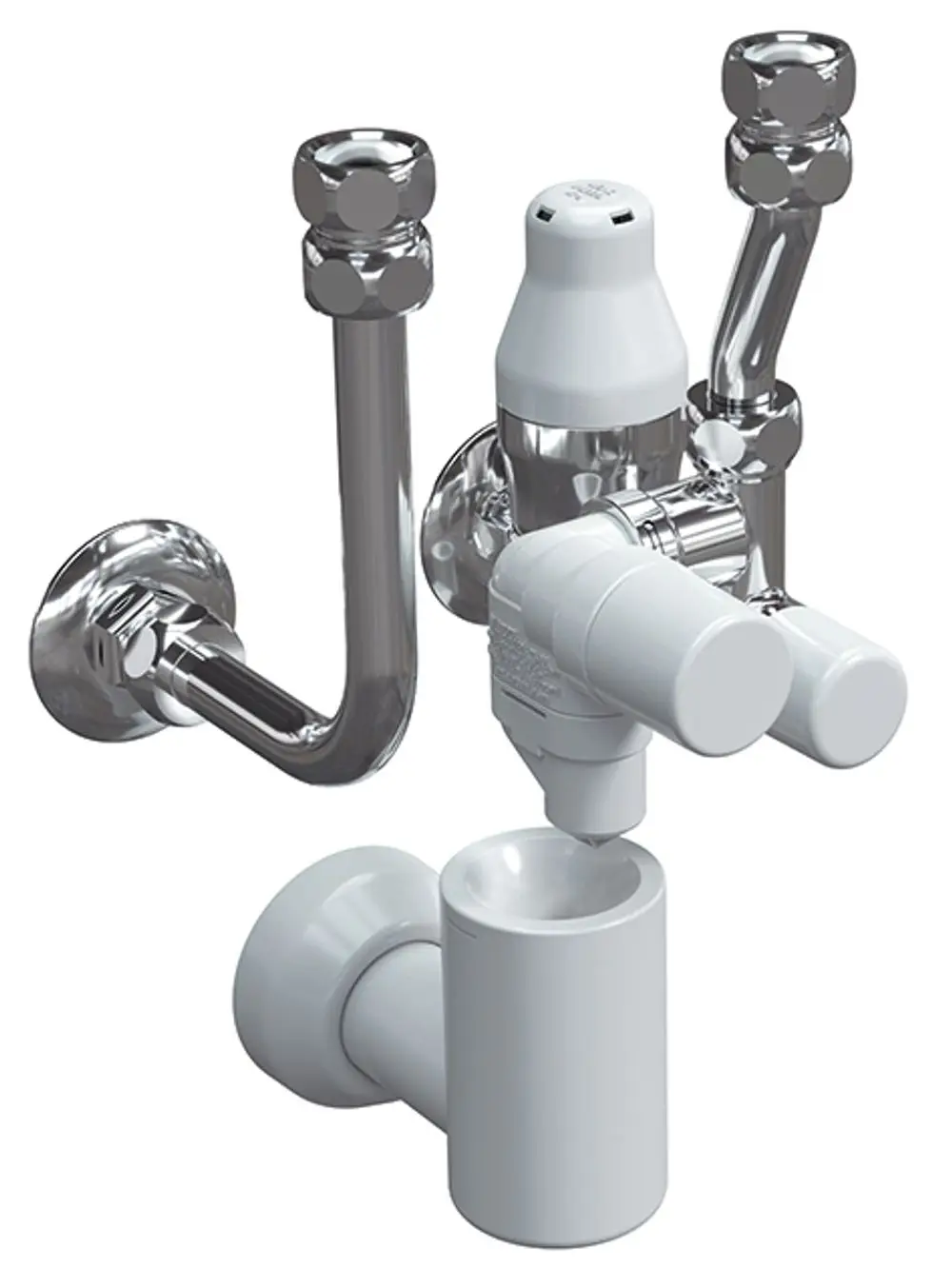 Syr Sicherheitsgruppe mit verchromten Anschlüssen und zwei Steuerhebeln, die für die Wasserregulation in Rohrleitungssystemen eingesetzt wird.